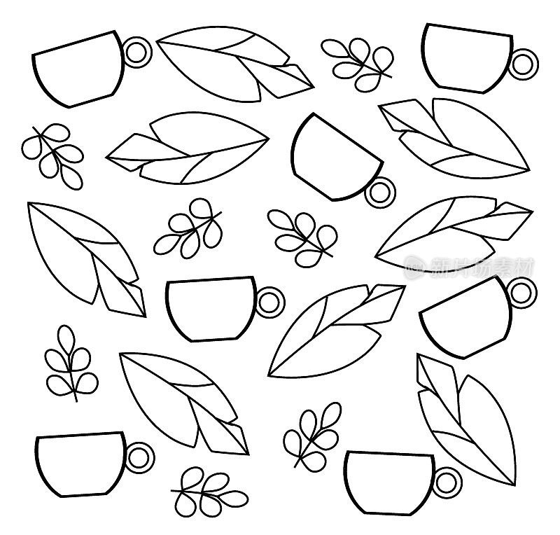 vector  leaves and tea pattern isolated on white background. fall background. colorful leaves pattern, outline illustration in black and white colors